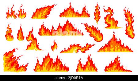 Dessins animés feu flammes, feu de joie et feu de forêt ou pare-feu, icônes vectorielles. Flammes rouges chaudes de feu de camp, boules de feu de forêt ou chaleur de torche brûlante, symboles inflammables et effets de pare-feu brûlant Illustration de Vecteur