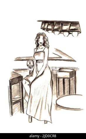 Dessin à la main croquis à la main d'une fille dans une longue robe avec un verre de vin assis sur un tabouret de bar. Femme sans visage assis au bar. Mockap pour Banque D'Images