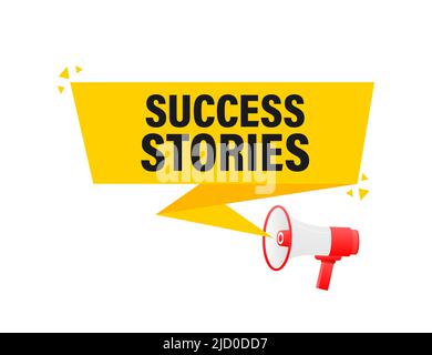 Histoires de réussite bannière jaune mégaphone de style 3D sur fond blanc. Illustration vectorielle. Illustration de Vecteur