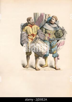 Batteur, Stand-Bearer, Robe militaire allemande, premier tiers du seizième siècle, Illustration, l'Histoire du costume, Braun & Schneider, Munich, Allemagne, 1861-1880 Banque D'Images