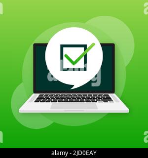 Ordinateur portable avec notification de validation approuvée, coche de réussite de l'opération. Ordinateur portable avec notification de coche. Illustration de Vecteur