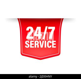 24 heures par jour et 7 jours par semaine icône, ruban rouge isolé sur fond blanc. Illustration de Vecteur