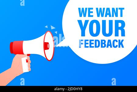 Nous voulons que votre commentaire bannière bleu mégaphone dans le style 3D. Illustration vectorielle. Illustration de Vecteur