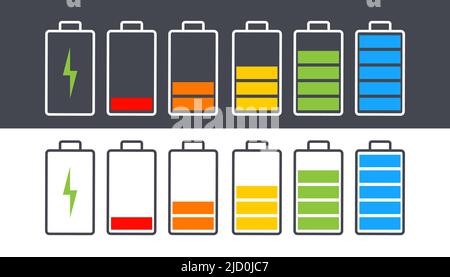 Smartphone à batterie déchargée et entièrement chargée - infographie Vector. Isolé sur fond clair et sombre. Illustration de Vecteur