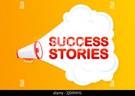 Bannière jaune de mégaphone avec signe d'histoires de réussite. Illustration vectorielle Illustration de Vecteur