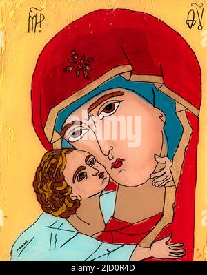 Icône peinte sur le verre inversé dans le style naïf orthodoxe de l'Europe de l'est représentant la Vierge Marie et le bébé Jésus. Banque D'Images