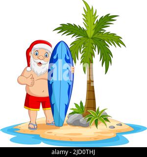 Caricature santa claus tenant une planche de surf dans l'île tropicale Illustration de Vecteur