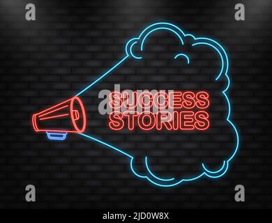 Histoires de réussite bannière jaune mégaphone de style 3D sur fond blanc. Illustration vectorielle. Illustration de Vecteur