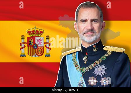 Roi Felipe VI, drapeau de l'Espagne et silhouette du pays Banque D'Images