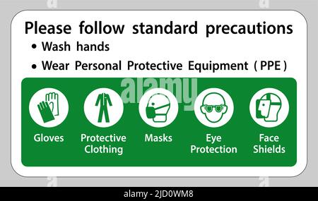 Veuillez respecter les précautions standard, se laver les mains, porter un équipement de protection individuelle EPI, gants vêtements de protection masques protection des yeux masque facial Illustration de Vecteur