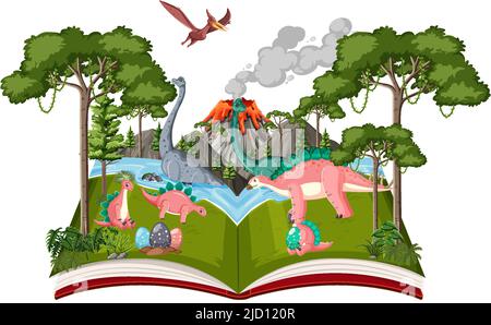 Livre ouvert avec différents dinosaures dans l'illustration de la forêt Illustration de Vecteur