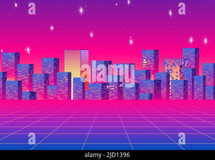 Paysage urbain au néon de style synthwave ou 80s. Bâtiments abstraits sur l'horizon du ciel violet. Illustration de Vecteur