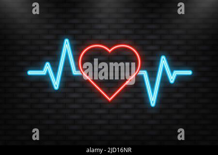 Icône néon. Cœur rouge avec symbole de diagramme de pulsation. Illustration de Vecteur