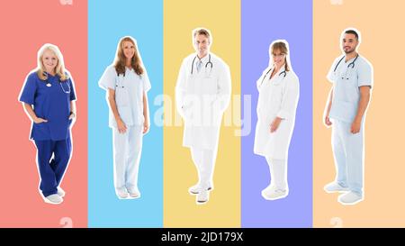 Portrait de l'équipe médicale de confiance dans la rangée debout contre fond blanc Banque D'Images