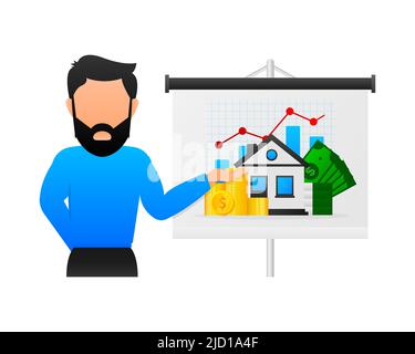 Infographie sur les dessins animés. Argent de la maison. Illustration isométrique vectorielle. Illustration vectorielle de dessin animé. Finances isométrique Illustration de Vecteur