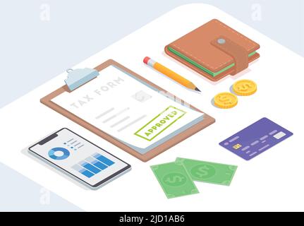 Comptabilité fiscale composition isométrique avec images de papier-crayon argent carte de crédit et smartphone sur la table illustration vectorielle Illustration de Vecteur