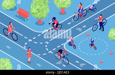 Composition isométrique ville pratique pour le vélo avec des personnes qui pédalez sur deux pistes cyclables illustration vectorielle des pistes cyclables Illustration de Vecteur