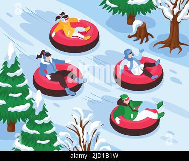 Vacances d'hiver station de vacances activités de plein air pour tout le monde composition isométrique avec neige tubing parc amusant illustration vectorielle Illustration de Vecteur