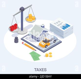 Impôts comptabilité isométrique composition avec texte point rond et images de divers objets financiers avec des ombres illustration vectorielle Illustration de Vecteur