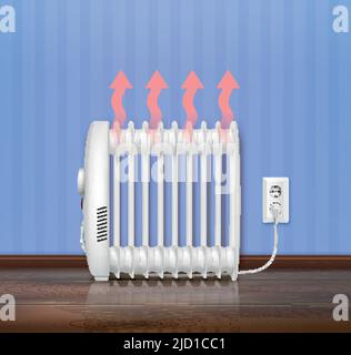 Intérieur du chauffage composition réaliste avec vue intérieure et radiateur d'huile devant le mur avec illustration vectorielle avec flèches Illustration de Vecteur