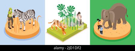 Journée mondiale de la faune concept ensemble de trois compositions carrées avec illustrations vectorielles isométriques d'animaux rares Illustration de Vecteur