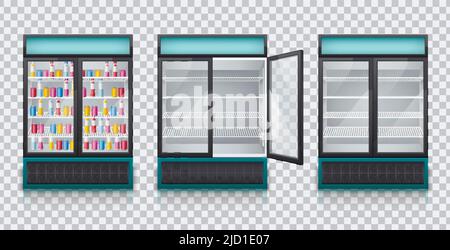 Réfrigérateurs à boissons vides fermés ouverts 2 portes affichent plein de bouteilles colorées ensemble réaliste illustration vectorielle transparente Illustration de Vecteur