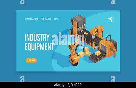 Page d'accueil de l'automatisation isométrique de robot avec des liens secteur équipement titre et en savoir plus illustration de vecteur de bouton Illustration de Vecteur