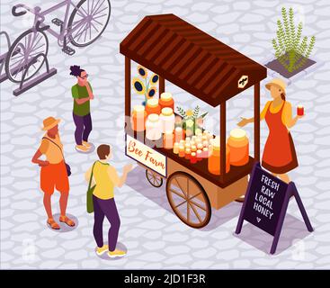 Fond isométrique avec magasin de miel sur le marché local de ferme extérieure illustration vectorielle 3D Illustration de Vecteur