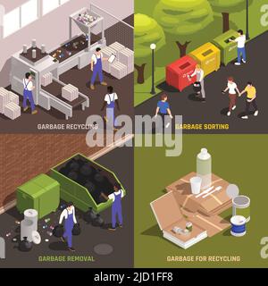 Garbage 2x2 design concept ensemble de tri élimination et recyclage carrés compositions illustration vectorielle isométrique Illustration de Vecteur