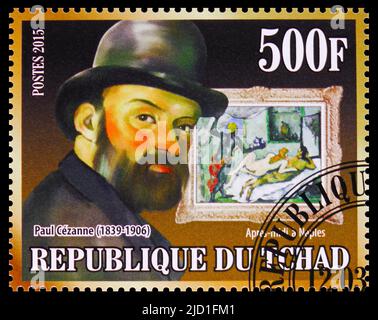 MOSCOU, RUSSIE - 12 JUIN 2022: Timbre-poste imprimé au Tchad montre Paul Cezanne, après-midi à Naples, série d'artistes impressionnistes, vers 2015 Banque D'Images