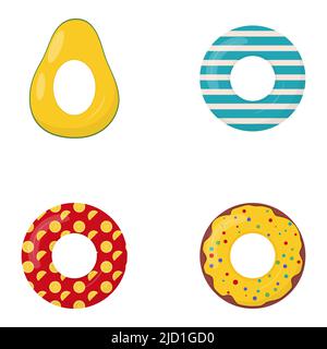 Collection d'anneaux de natation en caoutchouc avec gâteau, avocat, ananas, pastèque et autres ornements qui y sont peints. Bouée de sauvetage flottante pour être Illustration de Vecteur