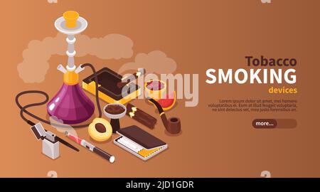 Bannière horizontale de fumée isométrique narguilé tobakko avec bouton de texte modifiable et images de produits contenant des illustrations vectorielles de nicotine Illustration de Vecteur