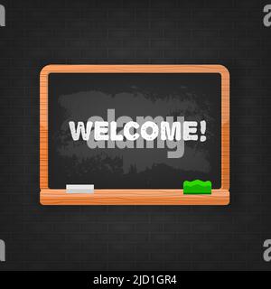 Bienvenue à la planche scolaire dans un style plat sur fond noir. Arrière-plan vintage. Bannière Illustration de Vecteur