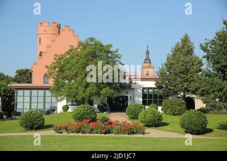 Vue sur le château de Crass et l'église Saint-Pierre-et-Paul à Eltville, Rheingau, Taunus, Hesse, Allemagne Banque D'Images