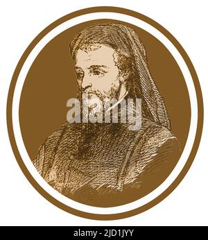 Un portrait précoce de Geoffrey Chaucer (1343?-1400) écrivain, poète, auteur, philosophe, astronome et fonctionnaire anglais. Il est également enregistré comme étant le forestier adjoint dans la forêt royale du parc Petherton, dans le nord de Petherton, dans le Somerset. Son œuvre la plus célèbre est le Canterbury Tales , et il est parfois rappelé comme 'le père de la littérature anglaise', ou 'le père de la poésie anglaise'. Il a également travaillé comme fonctionnaire, comme bureaucrate, courtier, diplomate et membre du Parlement. Il a été le premier écrivain à être enterré dans ce qu'on appelle maintenant le coin des poètes, à l'abbaye de Westminster. Banque D'Images