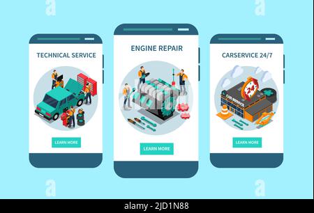 Illustration du vecteur d'accès aux 24 heures de réparation du moteur avec écran mobile APP 3 pour le service technique de la voiture Illustration de Vecteur