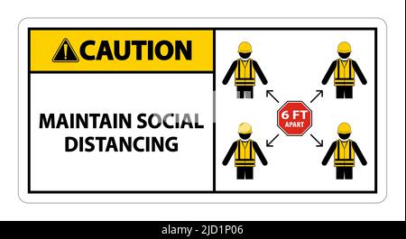 Attention maintenir la distance sociale, rester à 6ft signe d'écart, coronavirus COVID-19 signe isoler sur fond blanc, Illustration vectorielle EPS.10 Illustration de Vecteur