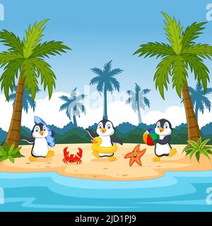 Trois pingouins de dessin animé sur une île tropicale Illustration de Vecteur