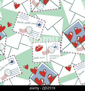 Motif vectoriel sans couture avec enveloppes vintage sur fond bleu. Papier peint lettre d'amour simple. Tissu mode romantique Saint-Valentin. Illustration de Vecteur