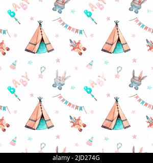 Motif sans couture dans le style bohémien pour enfants. Des wigwams pour enfants pour les jeux, les lapins, les cerfs et les jouets. Design pour papier peint, tissu, textile, imprimé. Banque D'Images
