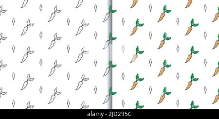 Ensemble de motifs sans couture pour carottes et légumes. Deux jolis fonds à motif géométrique quadrillé. Motif d'icône plate en forme de doodle dessiné à la main, motif contour. Blanc facile à modifier Illustration de Vecteur
