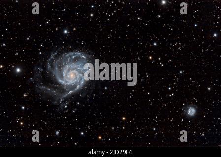 La Pinwheel Galaxy Messier 101 (NGC 5457) dans la constellation Ursa Major (Grand balancier). En bas à droite se trouvent les galaxies NGC5174 et PGC4545422. Banque D'Images