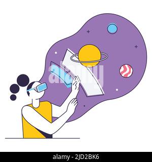 Illustration vectorielle d'une femme observant l'univers imaginaire à travers des lunettes VR sur fond violet et blanc. Illustration de Vecteur