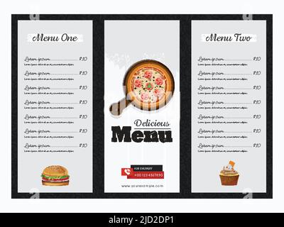 Modèle de carte Menu Delicious ou mise en page de brochure triple pliage en gris et noir. Illustration de Vecteur