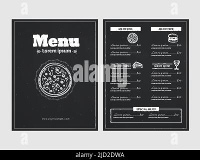 Modèle de carte de menu ou conception de prospectus avec double face en couleur noire. Illustration de Vecteur