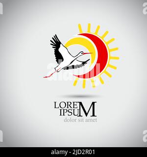 Tempête et soleil volant. Illustration vectorielle. Logo de silhouette de Stork volant. Illustration de Vecteur