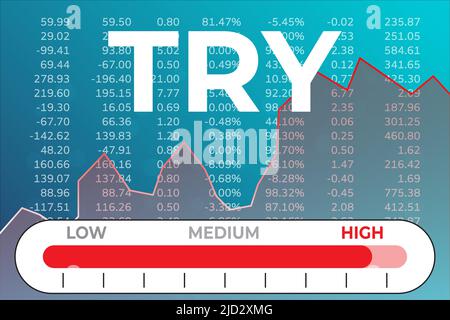 Graphique Word TRY (lire turque) sur fond bleu de finance avec ligne, indicateur, texte. Tendance mondiale Illustration de Vecteur