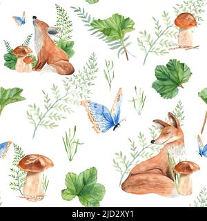 Motif sans couture avec de jolis renards, champignons, plantes vertes et papillons. Illustration aquarelle. Banque D'Images