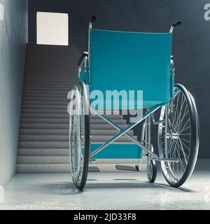 fauteuil roulant pour personnes handicapées devant un long escalier. 3d rendu Banque D'Images