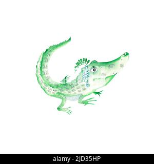 Adorable bébé crocodile isolé sur fond blanc. Illustration aquarelle dessinée à la main. Banque D'Images